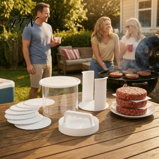 Round Meat Press for Barbecue Hamburger Patty Maker, Non-stick with Storage Container And Separator Sheets Burger Kitchen Gadget Beef Patties