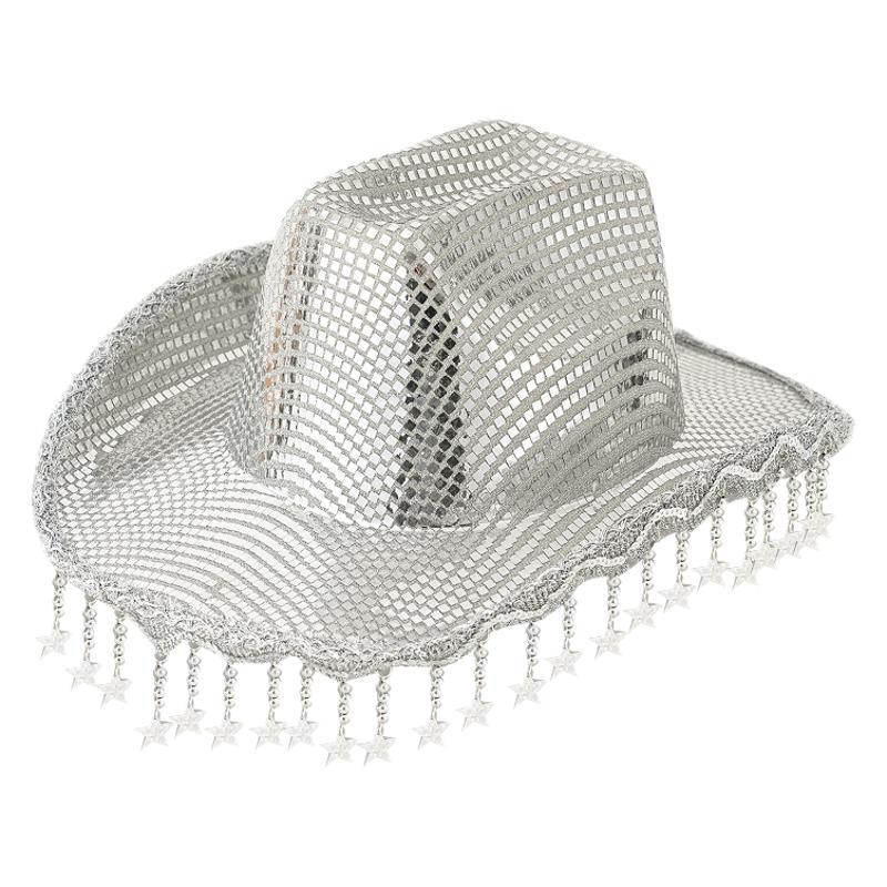 Men's and Women's Western Cowboy Hats, Sequined Fringed Stars, Wide-brimmed Hats, BR Street Party Jazz Hats.