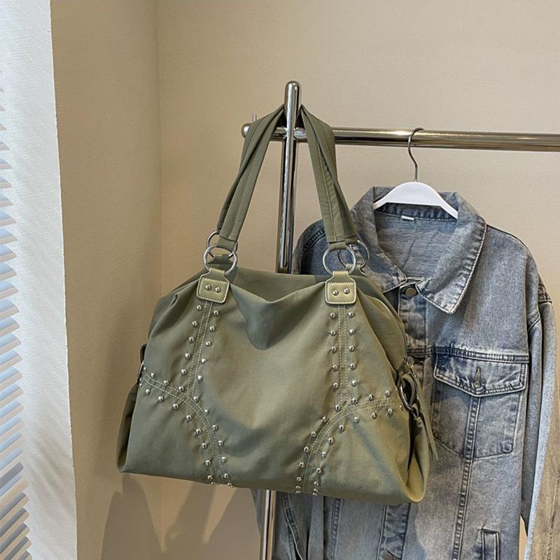 Fashionable Nylon Rivet Underarm Tote Bag Women's Large Capacity Shoulder Commuter Bag Autumn Trend Pure Color Bags Handbag KTB