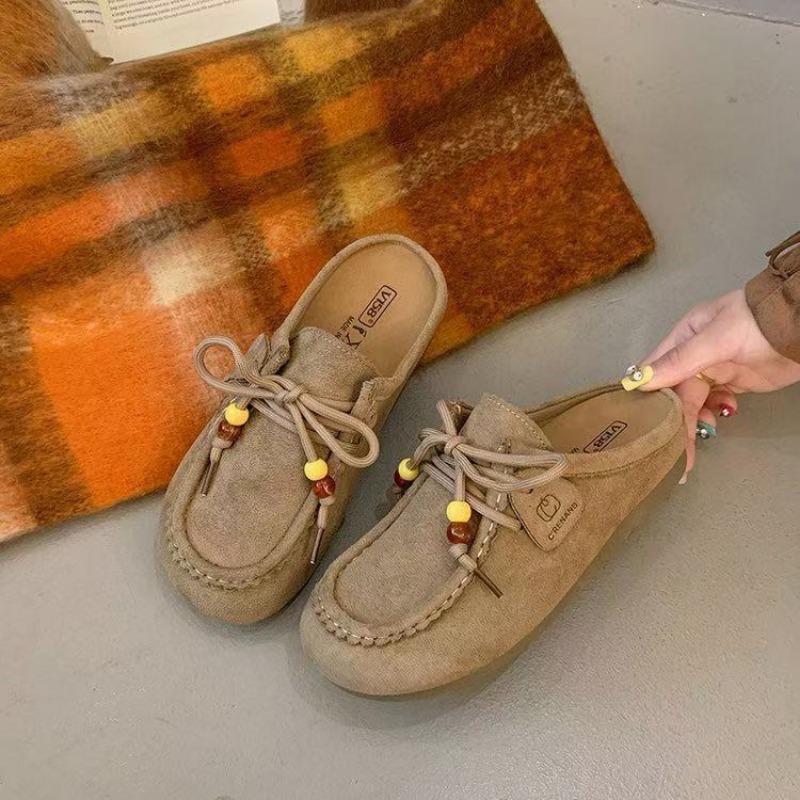 Retro Beaded Baotou Boken Half Slippers Autumn New One-pedal Thick-soled Literary and Versatile Slippers