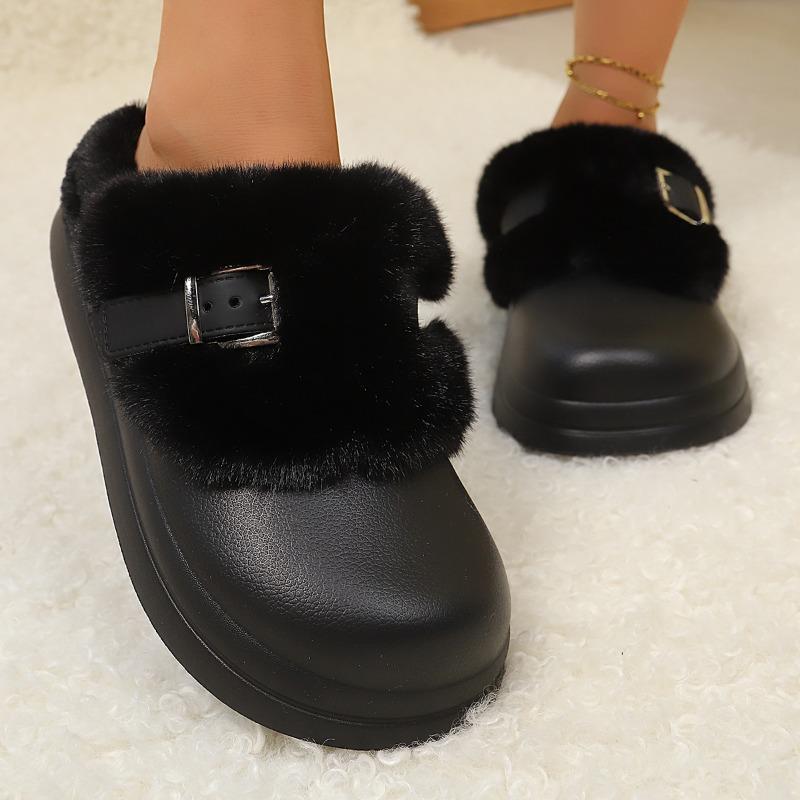 Fashion Winter Cotton Mopping Fashion Round Toe Deep Mouth Metal Buckle Plush Warm Non-slip Flats