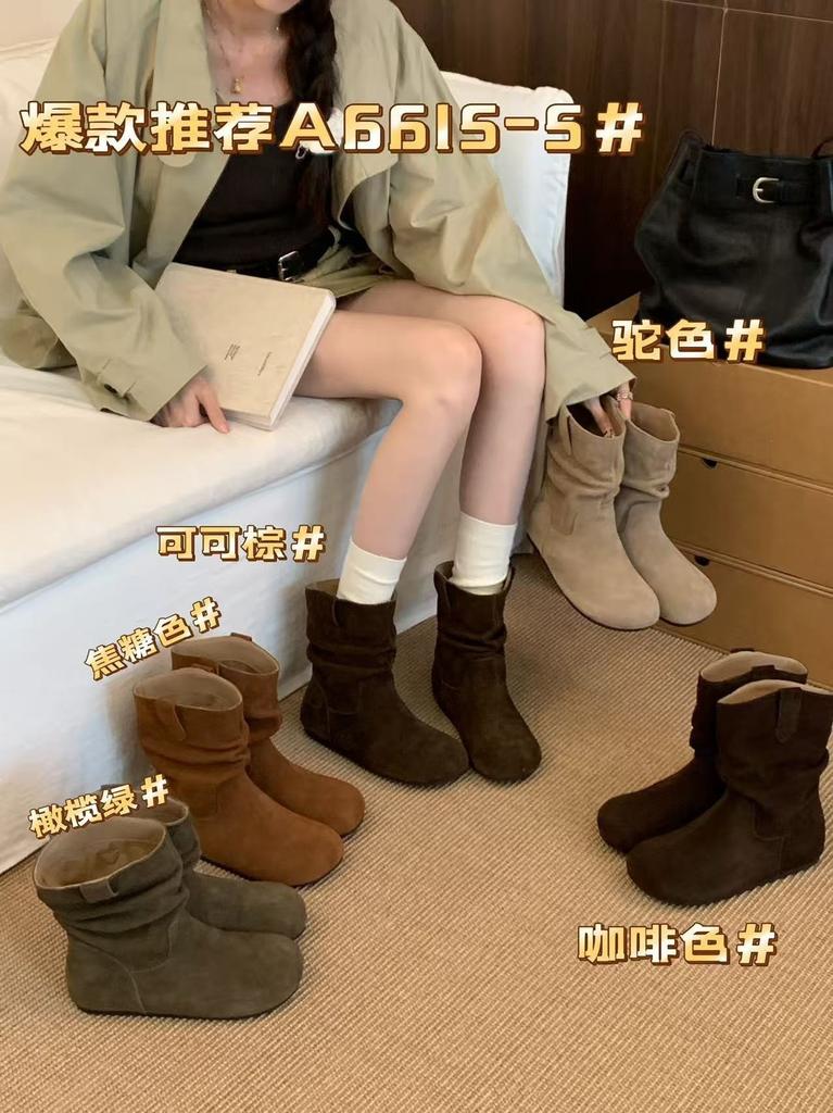 Retro pleated Maillard short boots, new casual and thin short tube inner heightening stacking boots, Martin boots