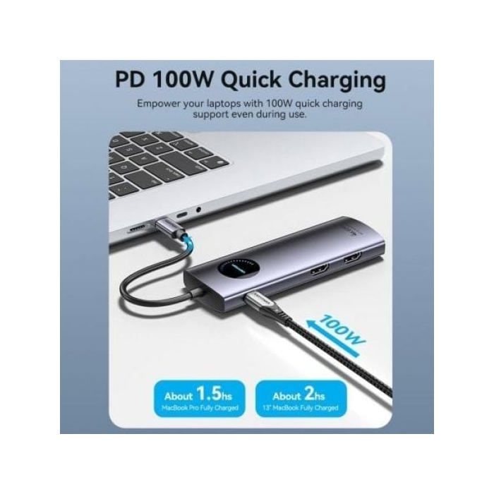 Docking USB Tipo-C Vention TQVHB- 2xHDMI- 3xUSB- 1xRJ45- 1xLector de Tarjetas- 1xUSB Tipo-C PD- Gris
