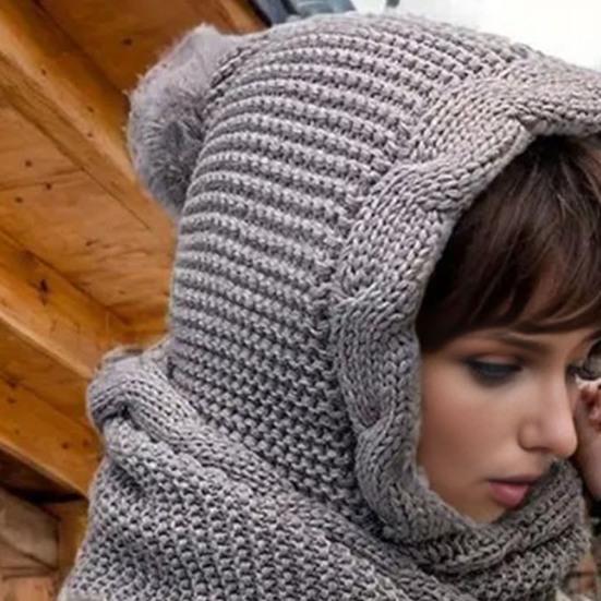 Vinter Varm Stickad Mössa Enfärgad Plyschbollsdekor Vriden Textur Ull Huva Halsduk Hatt Kallt Väder Huvudbonad