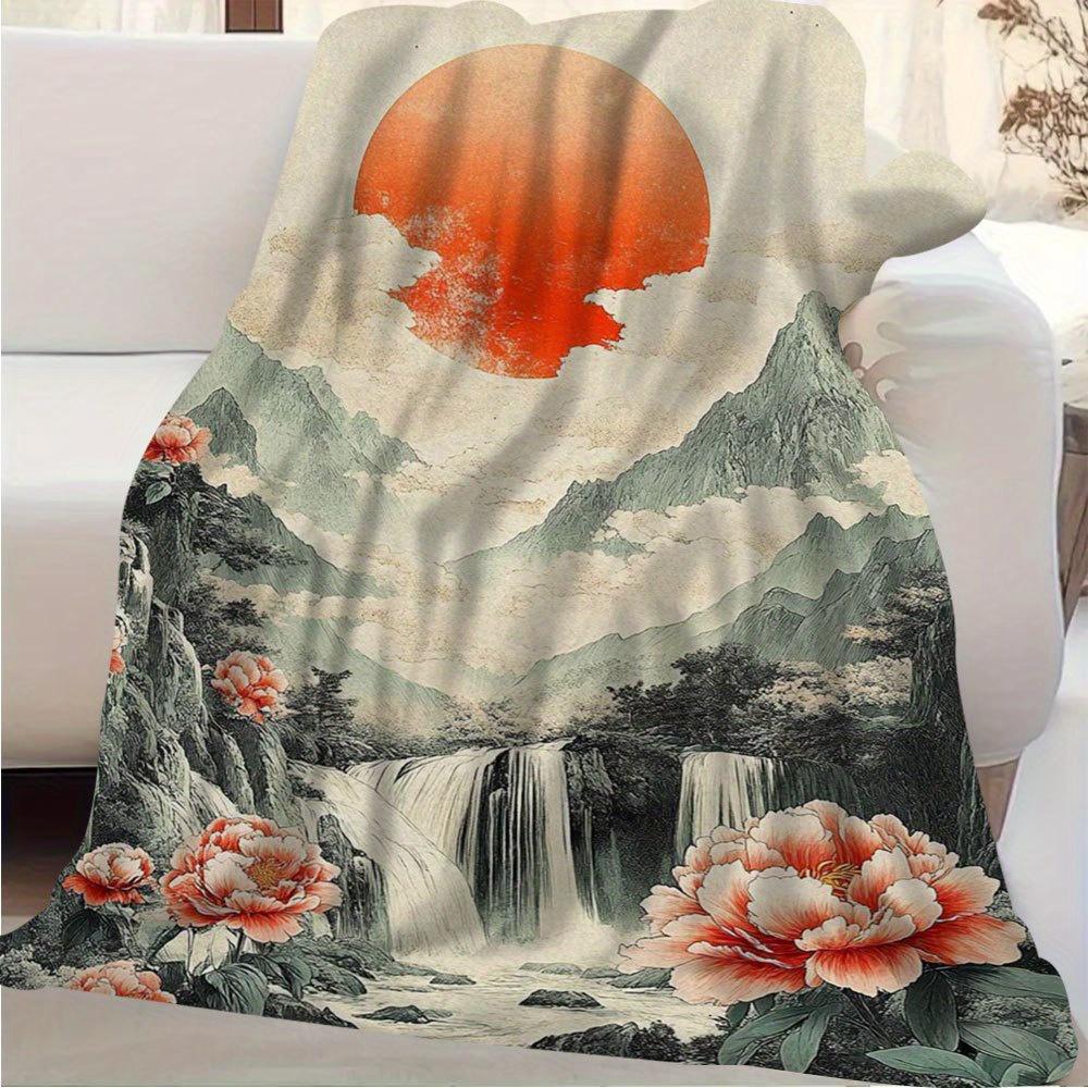 1Pc Vintage-Inspired Mountain & Sunset Printed Blanket, 60X80 Inch, Soft Cotton Fabric, Ideal For Family Travel And Camping