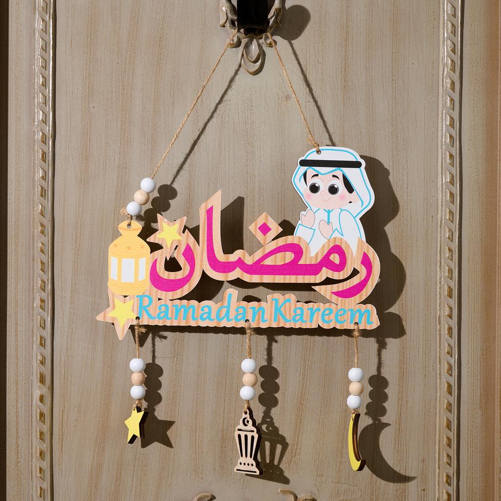 Wooden Letters Eid Mubarak Ornament Moon Castle Stars Door Hanging Pendant Eid Al Adha Gifts Ramadan Decorations for Home