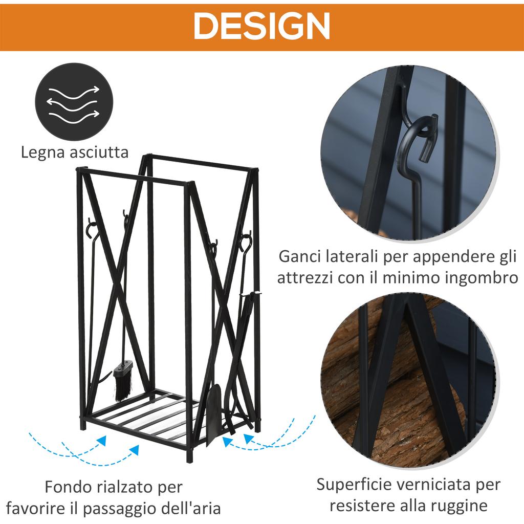 Internal and External Steel Tool Rack with 4 Tools, Wood Door for Stove with Tool Holder, Shovel, Brush and Pliers, 46x30x76cm, Black