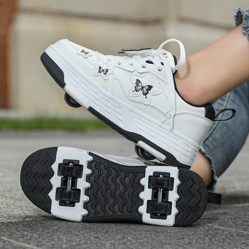 Herbst und Winter Leder Oberfläche Wasserdicht und Bequem Kinder Vierrad Sportschuhe Ausreißschuhe Rollschuhe Rosa, Lila