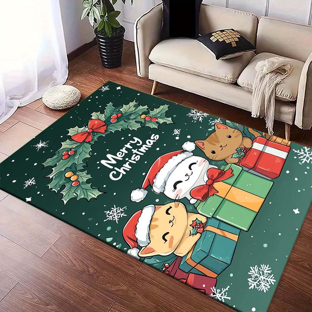 1pc Christmas Themed Rug, Three Happy Kittens and Christmas Gifts Print, Bedside Carpet, Non slip Laundry Room Mat, Machine Washable Water A