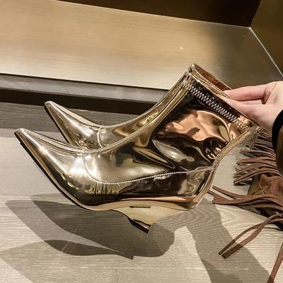 Luxury Design Pointed Toe Wedge Chelsea Boots Women 2025 Winter French Style Patent Leather Back Zip Ankle Boots for Women Botas