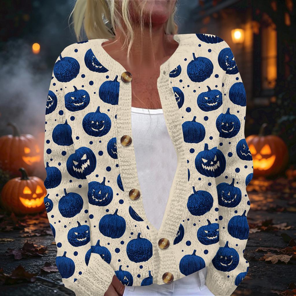 Women's Halloween Print Long Sleeve Knit Cardigan Button Front Sweater for Fall Outfits