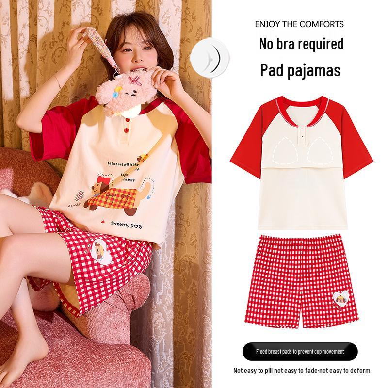 

Summer 2026 Women s Pajama Set: Short-Sleeved, Thin, Pure Cotton with Built-in Bra Pads, High-Quality for Home or Outdoor Wear Medium