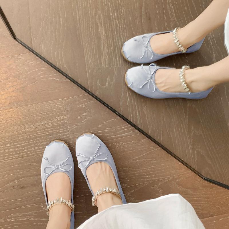 Rhinestone with bow round head flat-bottomed ballet shoes women's Mary Jane shoes