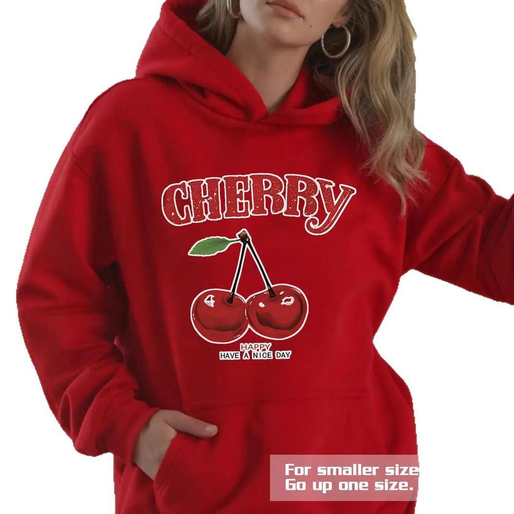 2025 European Size Cherry Lettering Hooded Sweatshirt: Casual Loose Fit, Long Sleeve, Drop Shoulder