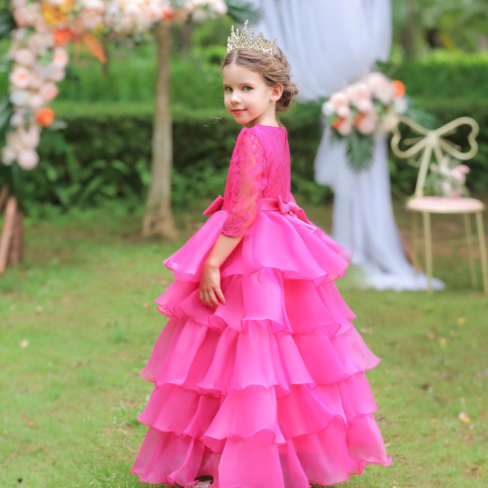 Girls Princess Puffy Dress Medium Large Children Lace Long Gown Kids Christmas Performance Clothing Breathable Mesh Formal Party Outfit