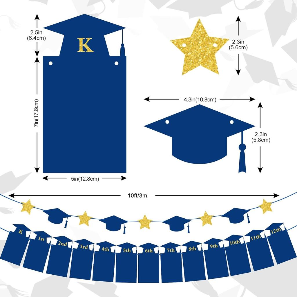 Whaline 2Pcs Graduation Photo Banner, Congrats Grad Banner, No DIY Require Hanging Bunting, Kindergarten to 12th Grade Picture Garland with Blue Gold