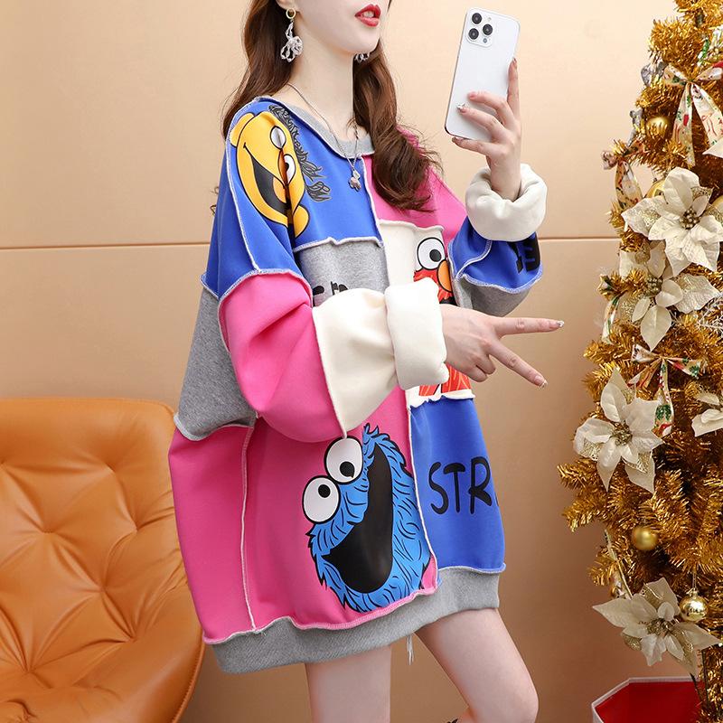 Spring Autumn Loose Casual Printing Patchwork Sweatshirt Women Round Neck Fashion All-match Pullover Top