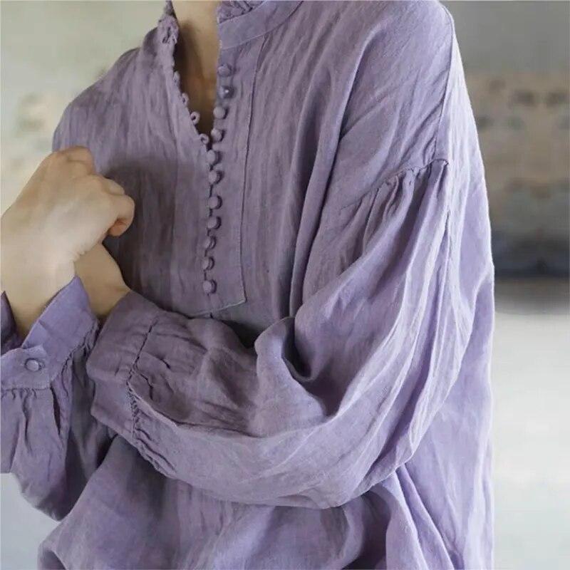 Johnature Japanischen Rüschen Kragen Langarm Shirts Frauen Vintage Casual Einfarbig Lose Leinen Hemd Herbst