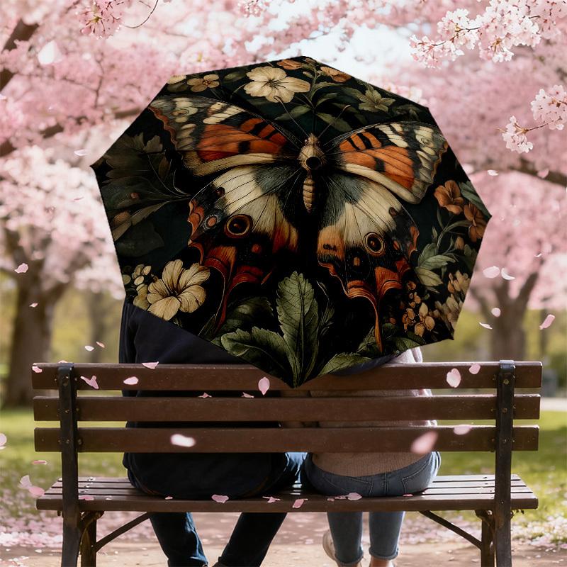 1pc Butterfly Flowers Automatic Folding Umbrella, Heavy Duty 8 Rib Iron Frame,  Suitable for Travel, Daily Use, Birthday, Decor Gift m0104090