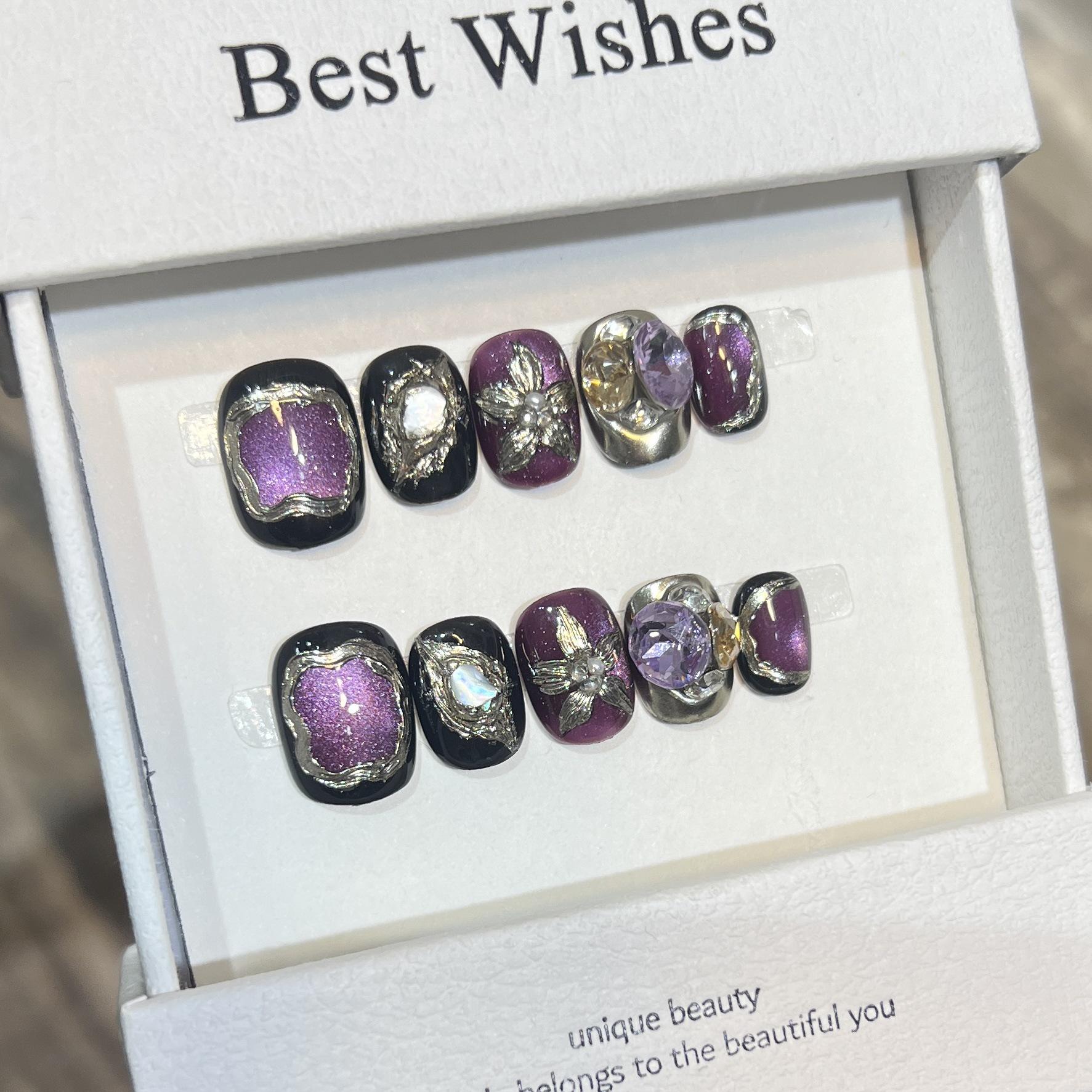 

Purple Star Eclipse: Cat Eye Carved Short Nails Large L