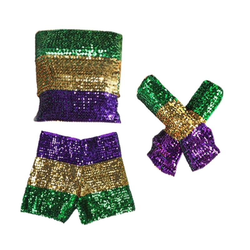 Mardis Gras Costume Accessories Sequins Tube Top Shorts Arm Sleeves Halloween Cosplay Costume for Carnival Masquerades