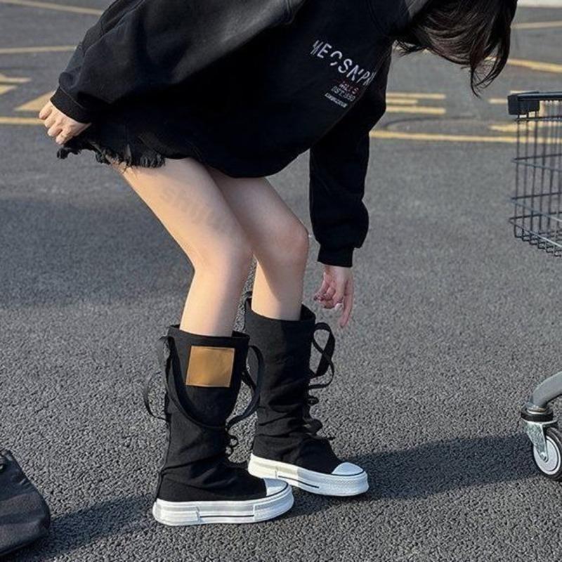 Fashion 2025 New High Top Woman Canvas Shoes Women's Spring Autumn Boots Wide Barrel Mid Barrel Boots Trouser Barrel Stacking Boots