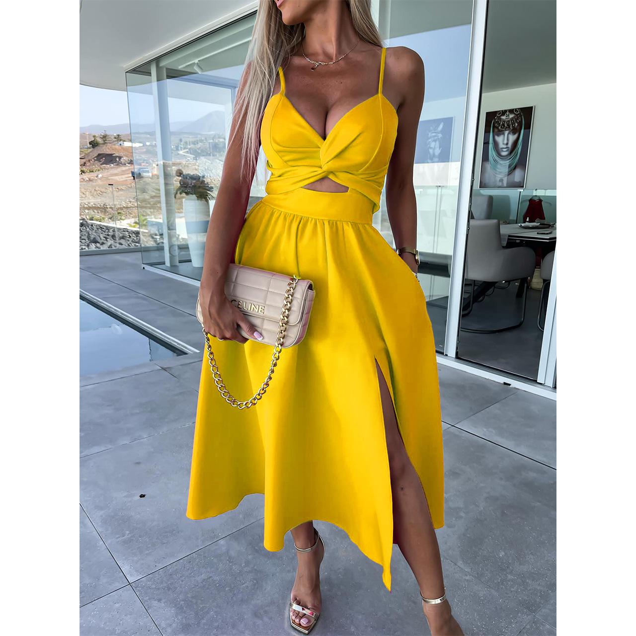 

Summer Fashion Socialite Deep V Spaghetti Strap Evening Dress with Large Skirt Slit Medium жовтий