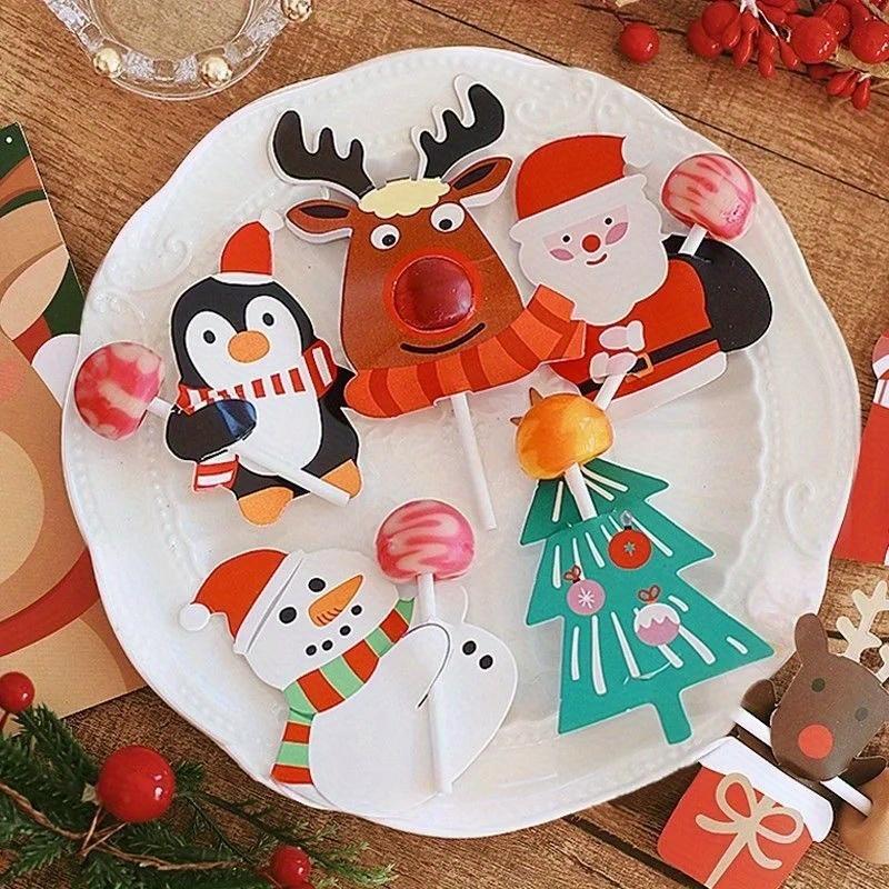 50Pcs/set Christmas Lollipop Paper Cards Cartoon Santa Claus Penguin Snowman Kids Candy Gifts Package Wrapping New Year Party Decoration