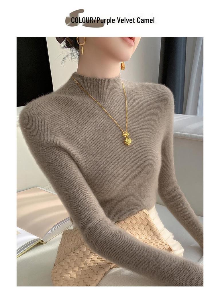 New Women's Slim Fit Cashmere Knit Half-High Neck Sweater for Autumn and Winter