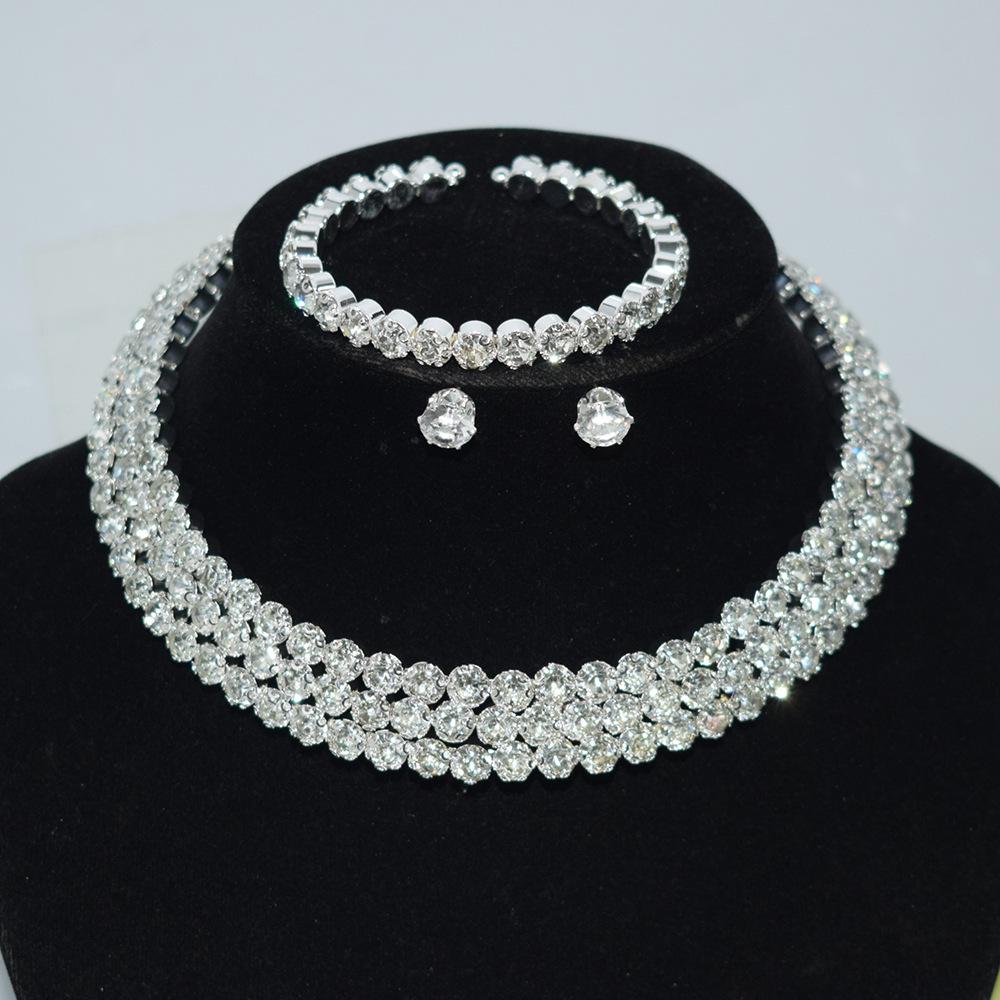 Gold & Silver Rhinestone Jewelry Set: Choker, Bracelet, Stud Earrings, & Necklace