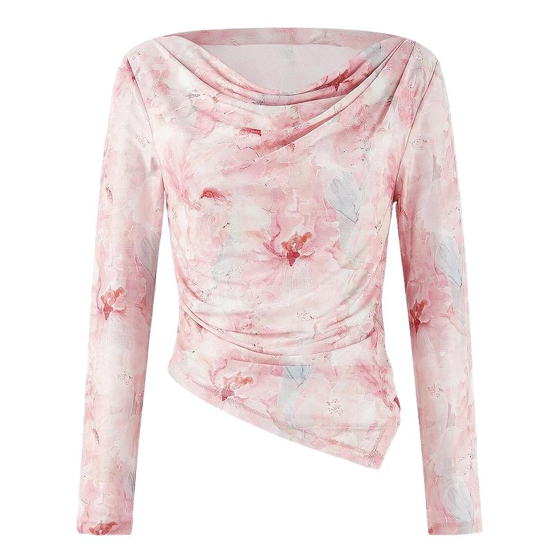 Elegant Draped Neck Floral Print Long Sleeve T-Shirt L