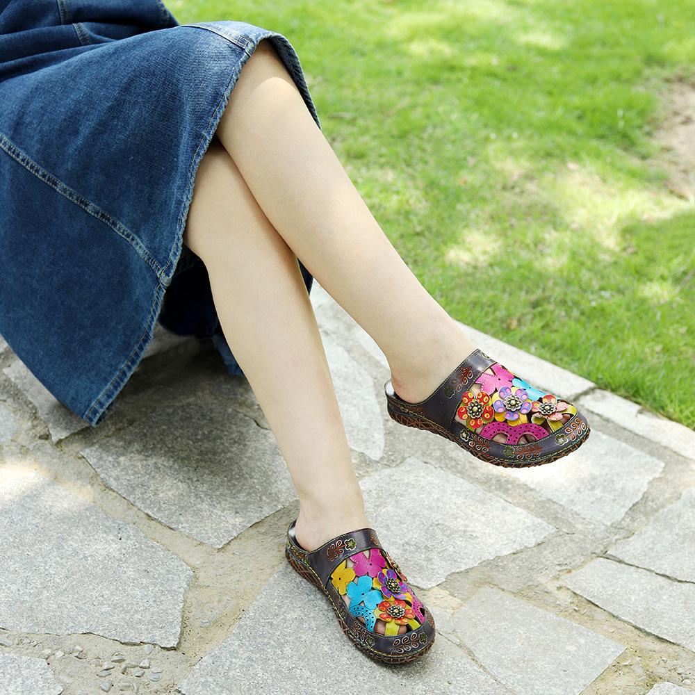 Johnature Pantoufles Femmes Chaussures En Cuir Véritable Peint À La Main À L'extérieur Diapositives À La Main Fleur Sandales Plates