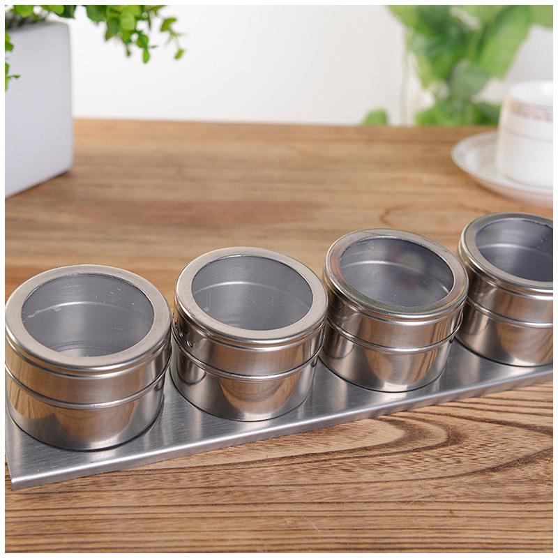 4 Pcs Magnetic Spice Tin Jar Rack Stainless Steel Spice Sauce Storage Container Clear Lid Jars Kitchen Condiment Sprinkle Can