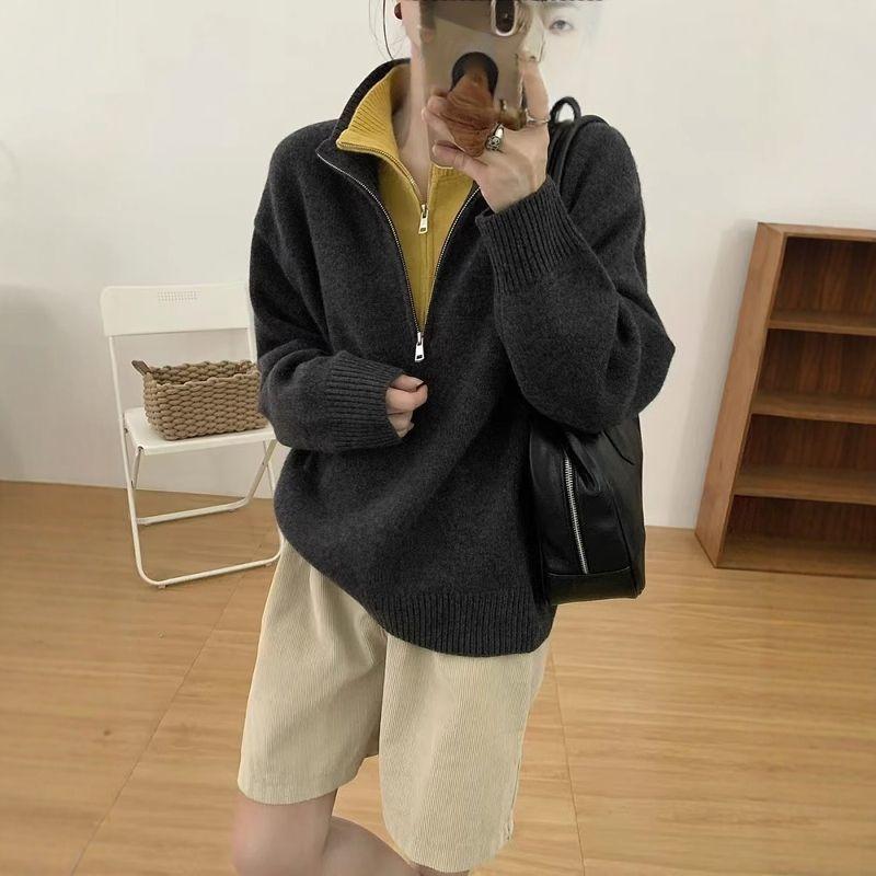 

Поддельные два высококлассных дизайнерских свитера ленивые новые вязаные свитера повседневные универсальные свободные осенне-зимние топы на молнии XXL чёрный