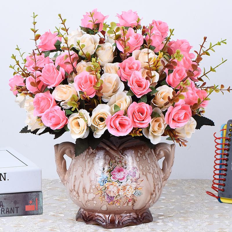 European Rose Silk Floral Arrangement - Artificial Bouquet for Living Room & Dining Table Decor