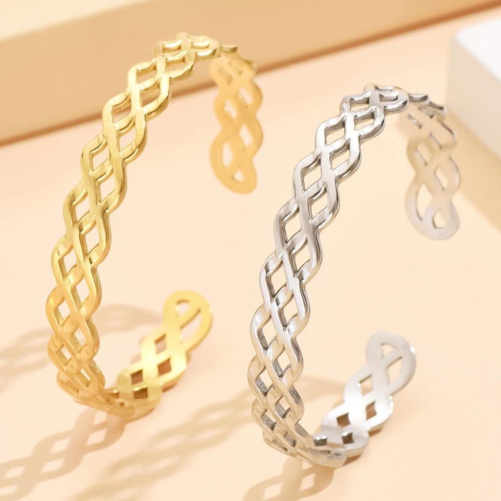 Cross-Border Fashion Irregular Curve Stainless Steel Open Bangle, Vacuum-Plated 18K Gold Bracelet