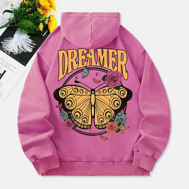 Vintage Butterfly Washed Hoodie Womens Dreamer Letter Cotton Sweatshirt Long Sleeves Pocket Oversize Hoody Clothes