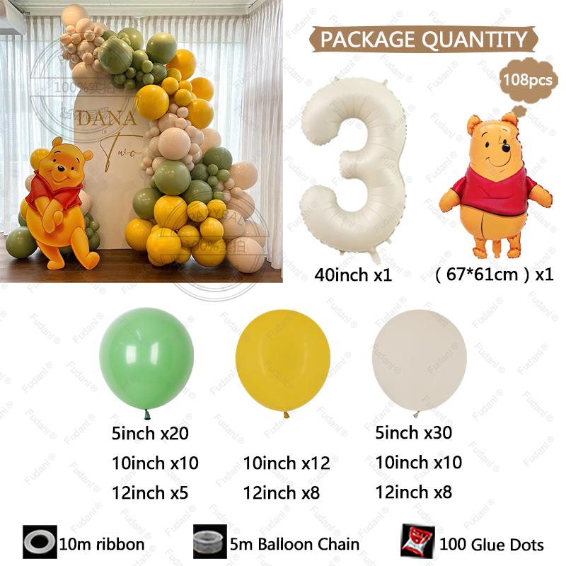 108pcs Winnie The Pooh Theme Birthday Party Balloon Set Pooh Aluminum Foil Balloon for Kids Baby Shower Decoration Supplies Gift