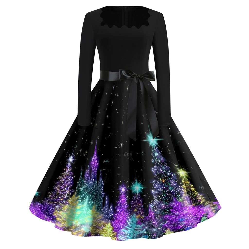 Women's Casual Christmas Print Square Neck Vintage Dress for Holiday Party and Everyday Wear