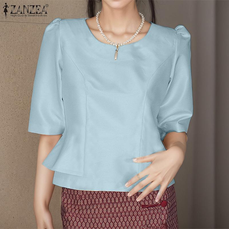 ZANZEA Women Summer Round Neck Ruffles Splice Casual Short Sleeve Blouse
