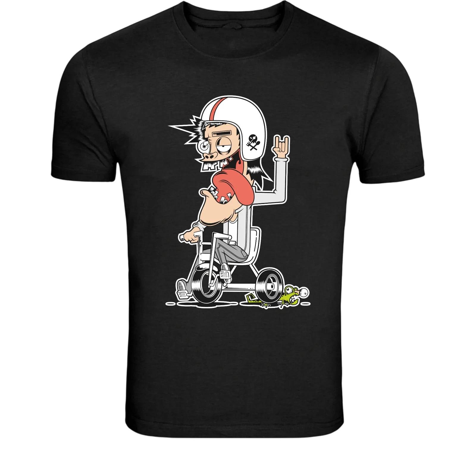 Crazy Biker Cartoon T-Shirt - Funny Motorcycle Rider Graphic Tee XL