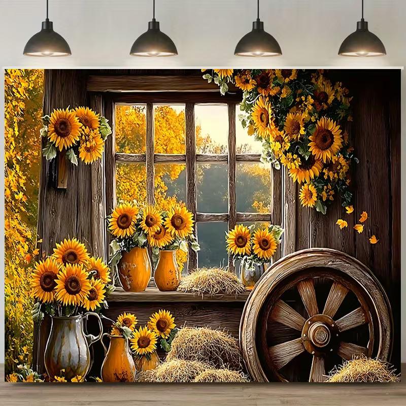 2D Printed Backdrop with Wooden Window, Sunflowers, Hay Bales and Wagon Wheel