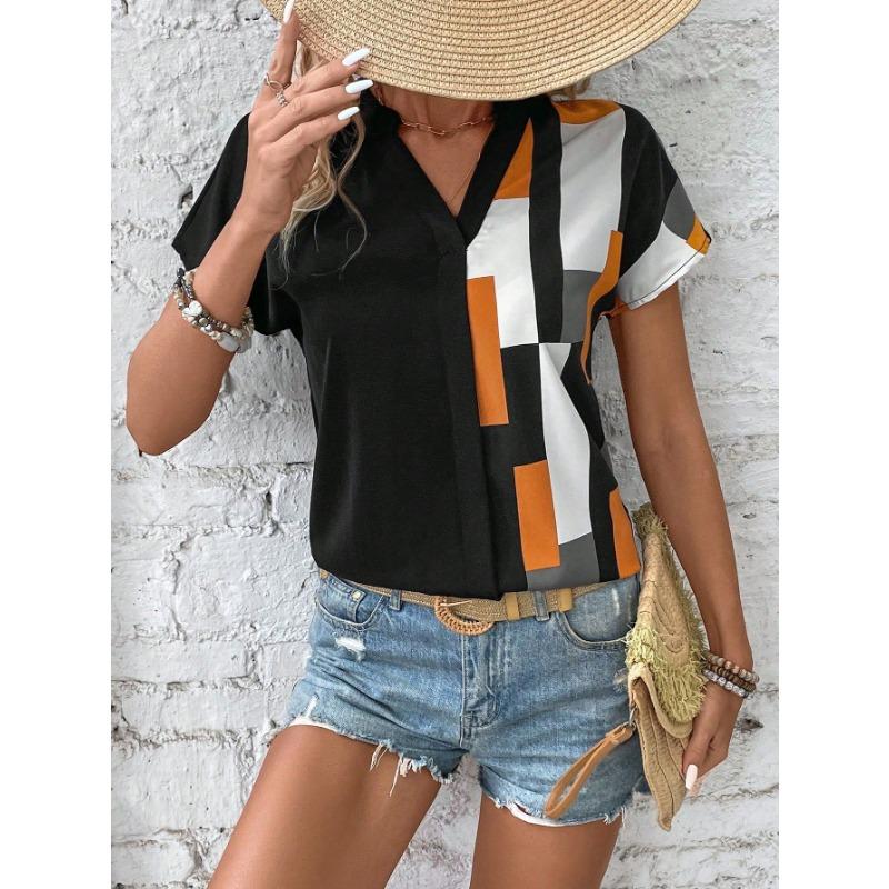 New Summer Women's Shirt V-neck Color-blocked Short-sleeved Casual and Comfortable Top