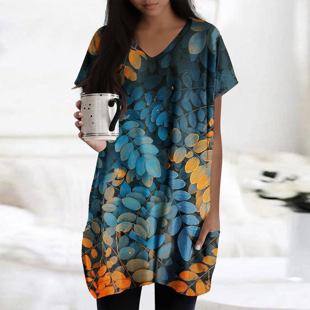 Womens Tops V-neck Short Sleeve Blouses Casual Mid-length Shirts Fashion Print Tunic Tops With Pockets