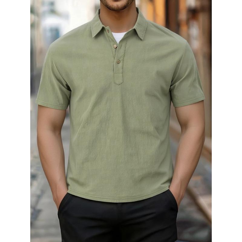 Men Solid Linen Texture Lapel 3 Button Half Placket Short Sleeve Polo Shirt Multiple Colors