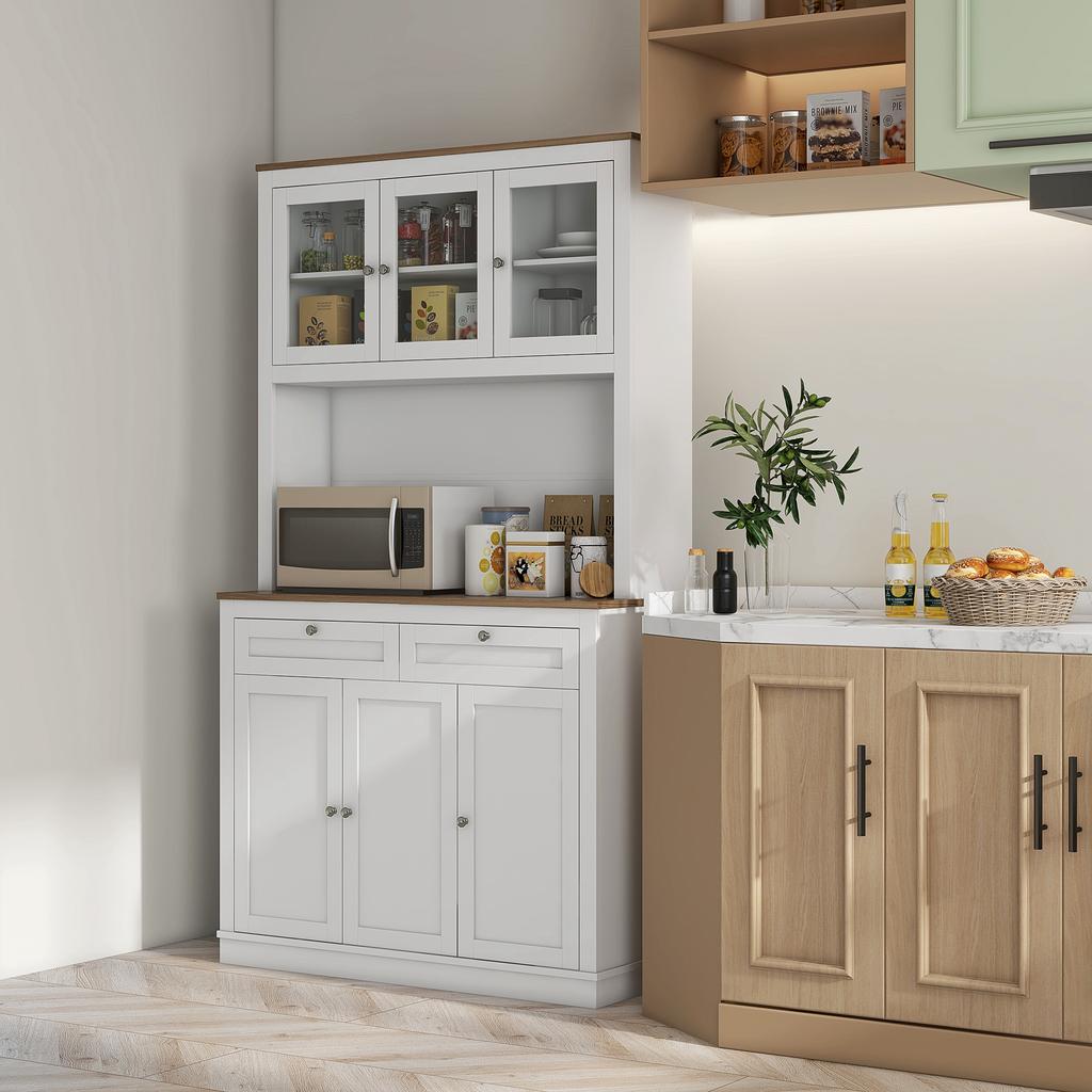 Credenza da cucina alta, mobile da cucina, 6 ante, 2 cassetti, piano di lavoro, ripiani regolabili, 100x40x180cm, bianco