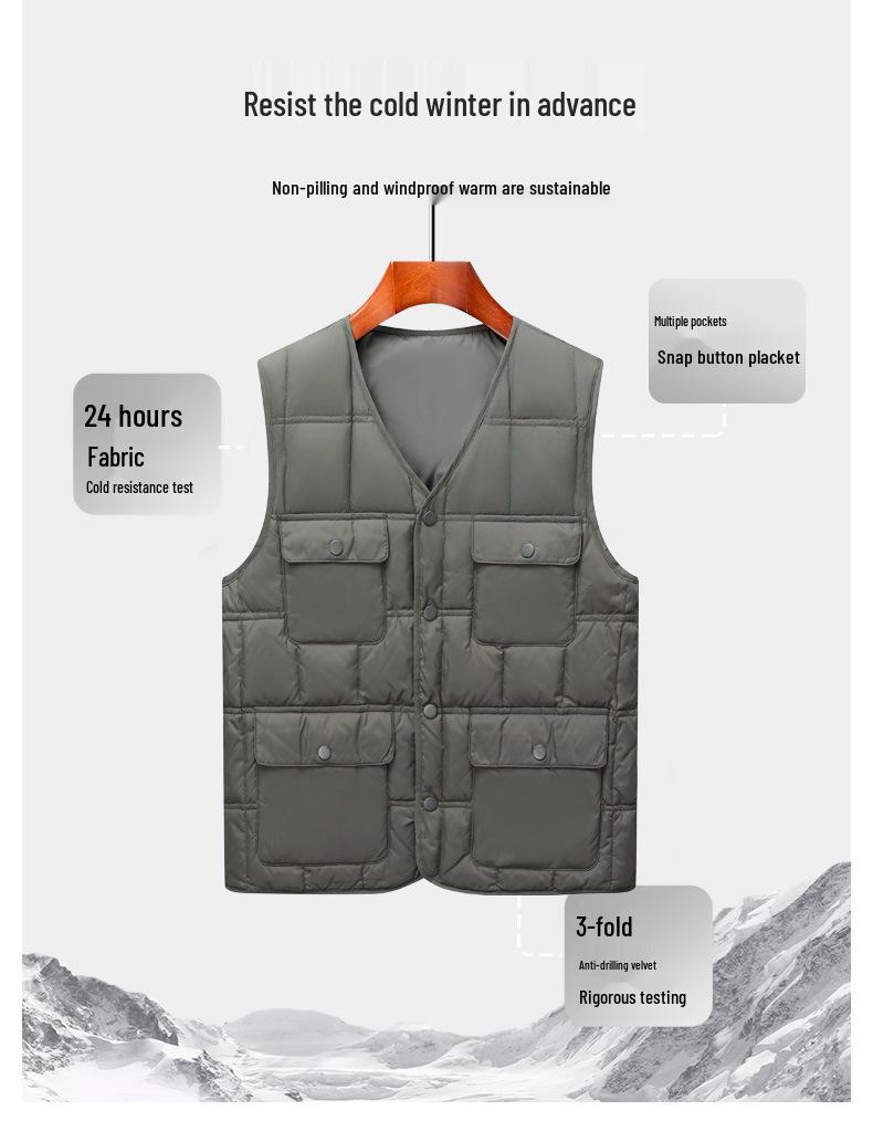 Men's Lightweight Winter Down Vest - Multi-Pocket, Thickened, Warm Workwear for Middle-Aged and Elderly.