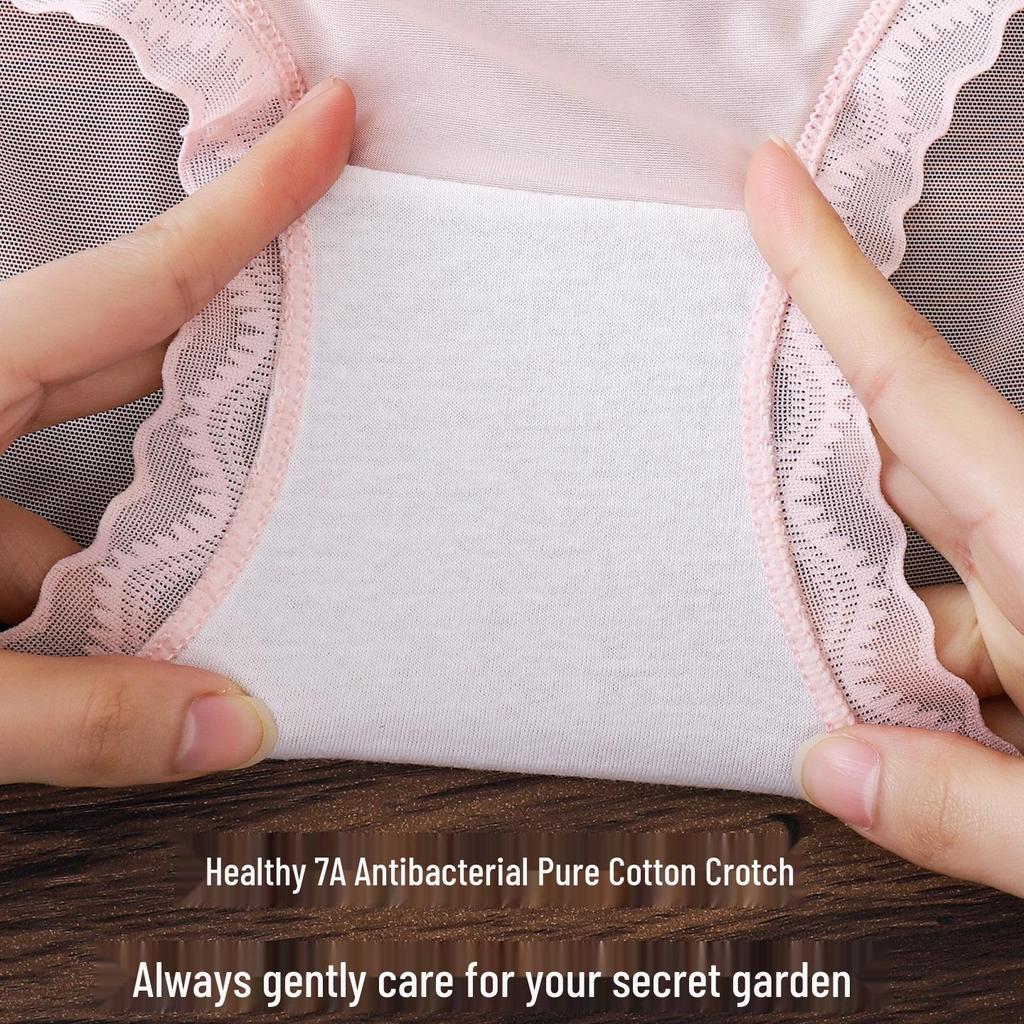 Women's Mid-Waist Ice Silk Lace Underwear - Summer Mesh Satin, Sexy Solid Color with Cotton Crotch