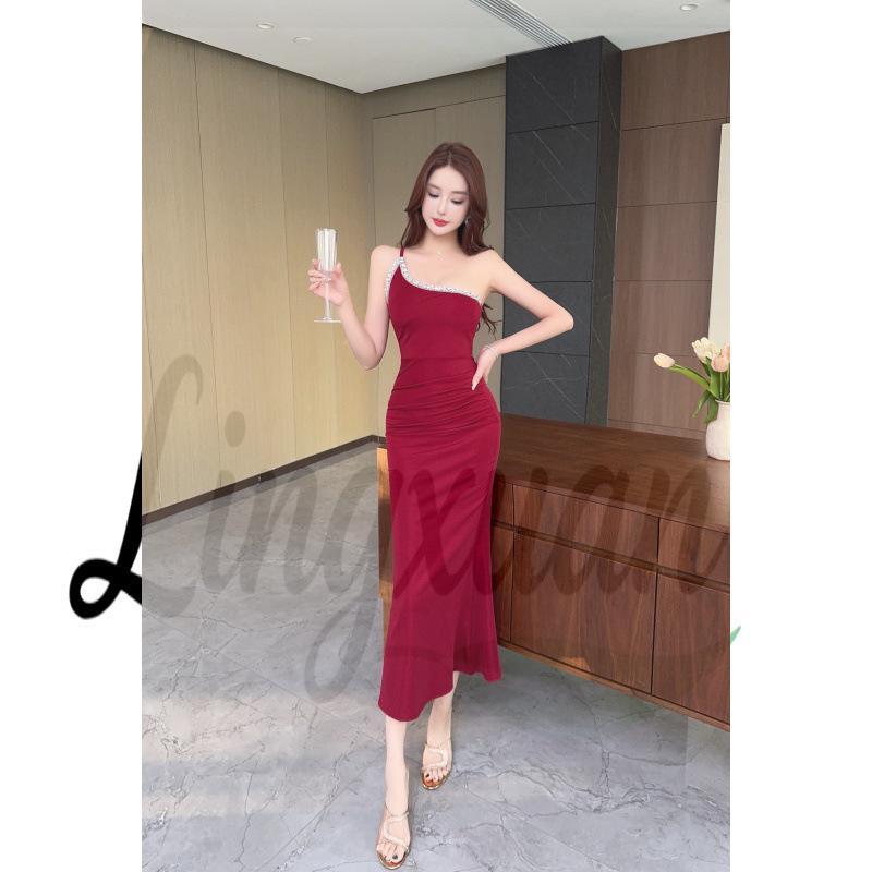 Elegant Red One-Shoulder Rhinestone Strap Bodycon Dress for Women - Slim Fit Banquet Gown XL красный