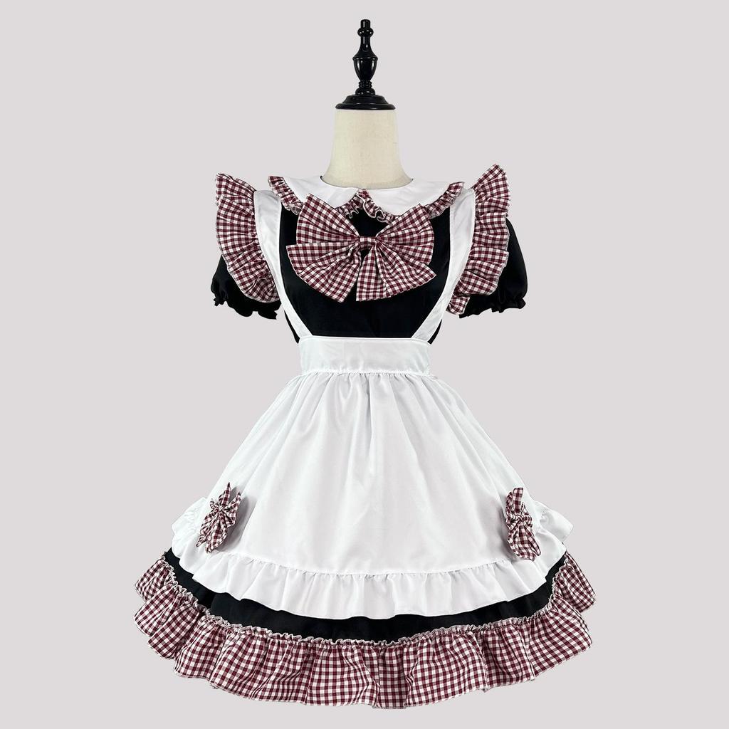 Cosplay Anime 4-Piece Maid Outfit - Cute Black & White Checkered Princess Dress with Bow